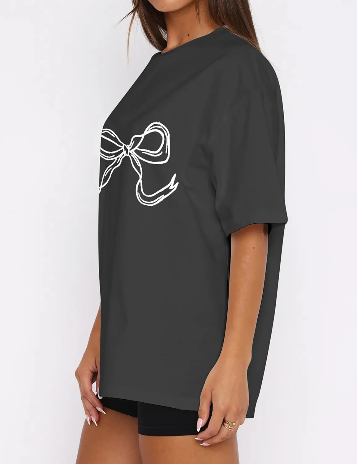 Women Oversized Bow T Shirts Short Sleeve Crewneck Graphic Tee Shirts Cute Bow Shirts Casual Basic Aesthetic Tee Tops