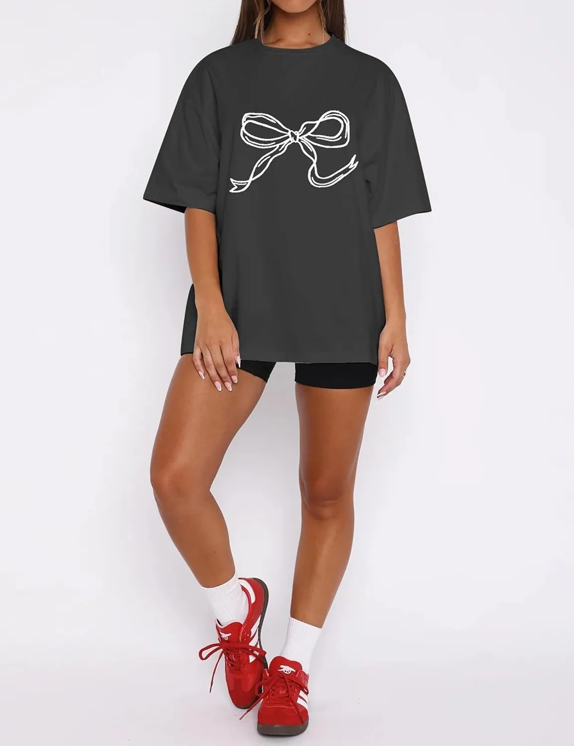 Women Oversized Bow T Shirts Short Sleeve Crewneck Graphic Tee Shirts Cute Bow Shirts Casual Basic Aesthetic Tee Tops