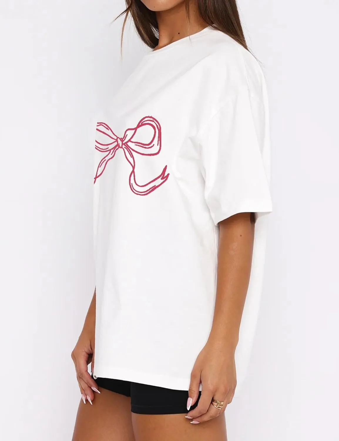 Women Oversized Bow T Shirts Short Sleeve Crewneck Graphic Tee Shirts Cute Bow Shirts Casual Basic Aesthetic Tee Tops