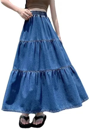 Women Oversized Denim Long Skirt High Waisted Puffy Ruffle Loose Soft Casual A-Line Skirts