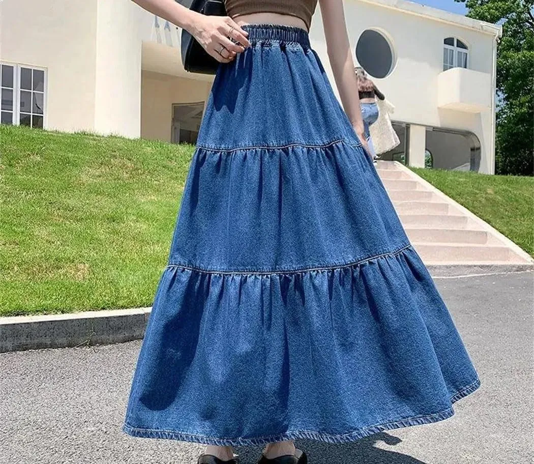 Women Oversized Denim Long Skirt High Waisted Puffy Ruffle Loose Soft Casual A-Line Skirts