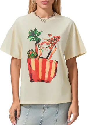 Women Oversized Graphic T Shirt Teens Girl Y2K Cute Print Short Sleeve Crewneck Baggy Tees Vintage Floral Preppy Top