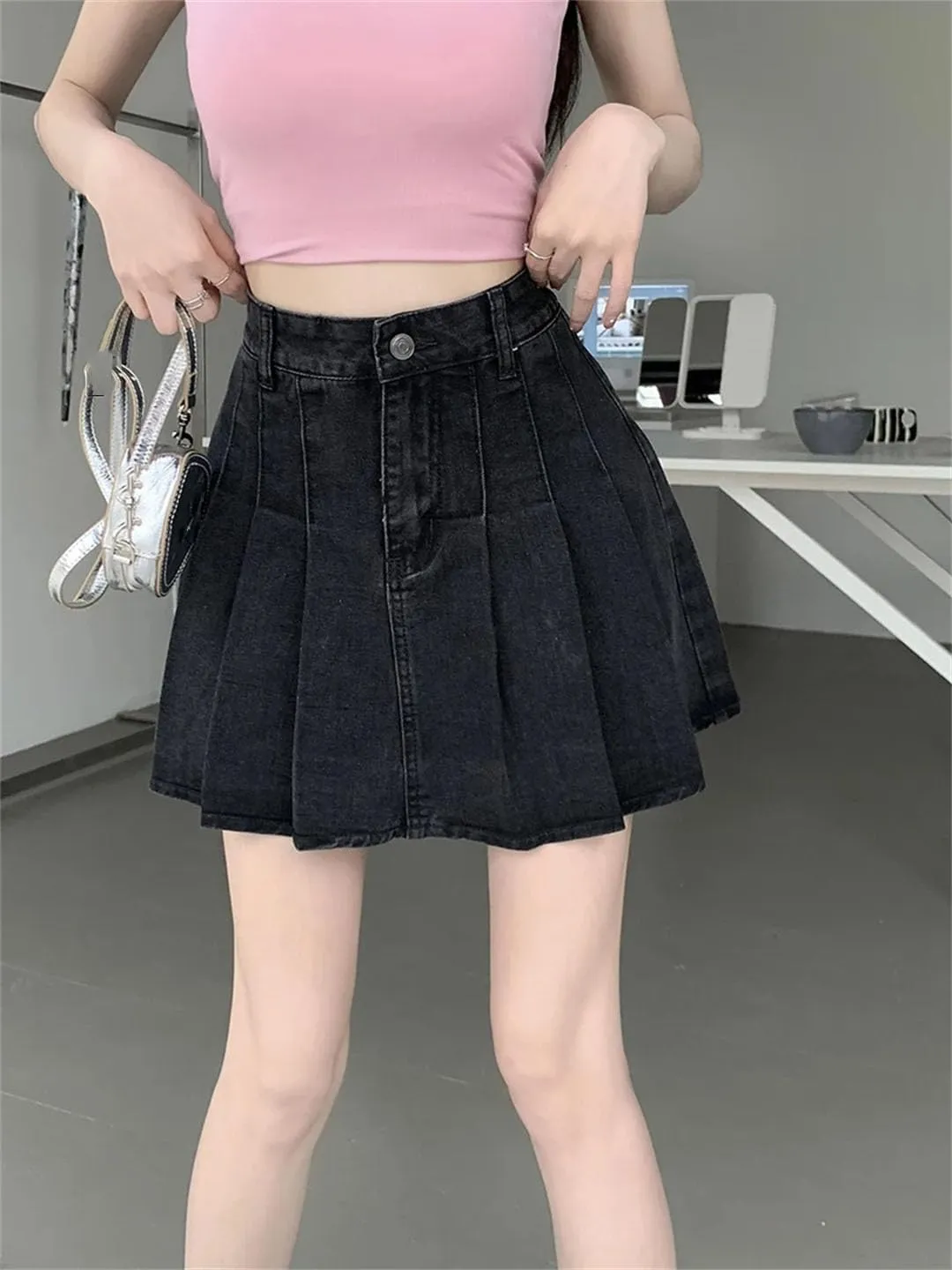 Women Pleated Skirt High Waist Solid Korean Clothing A-Line Denim Skirts
