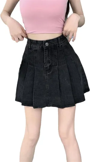 Women Pleated Skirt High Waist Solid Korean Clothing A-Line Denim Skirts