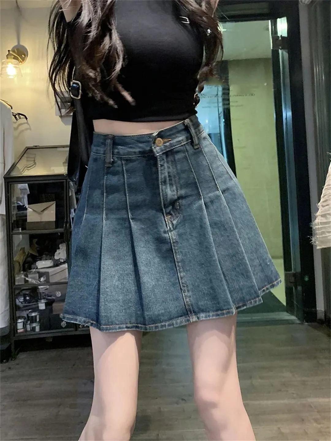 Women Pleated Skirt High Waist Solid Korean Clothing A-Line Denim Skirts