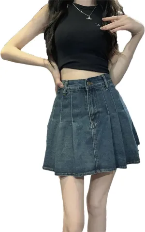 Women Pleated Skirt High Waist Solid Korean Clothing A-Line Denim Skirts