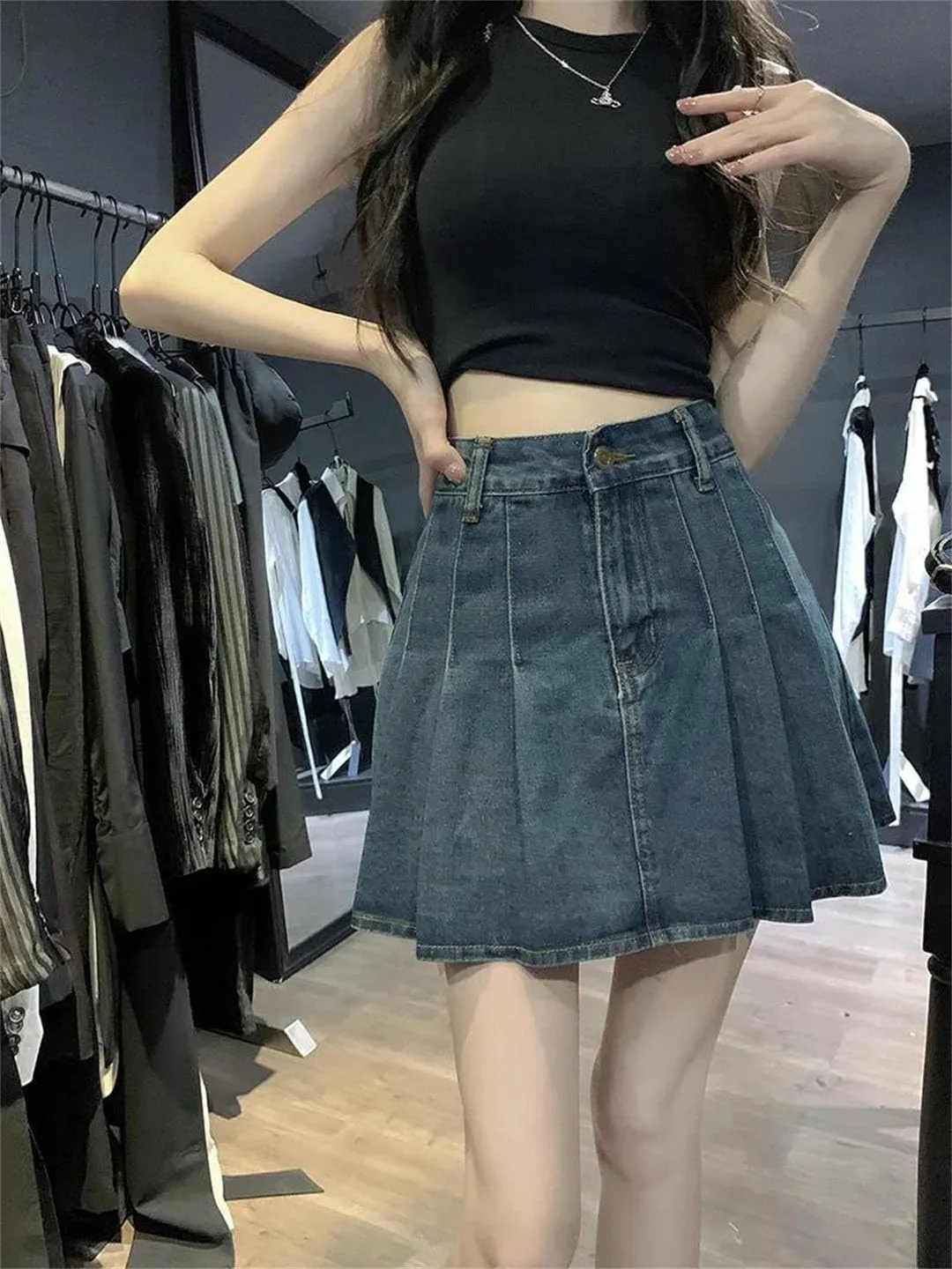 Women Pleated Skirt High Waist Solid Korean Clothing A-Line Denim Skirts