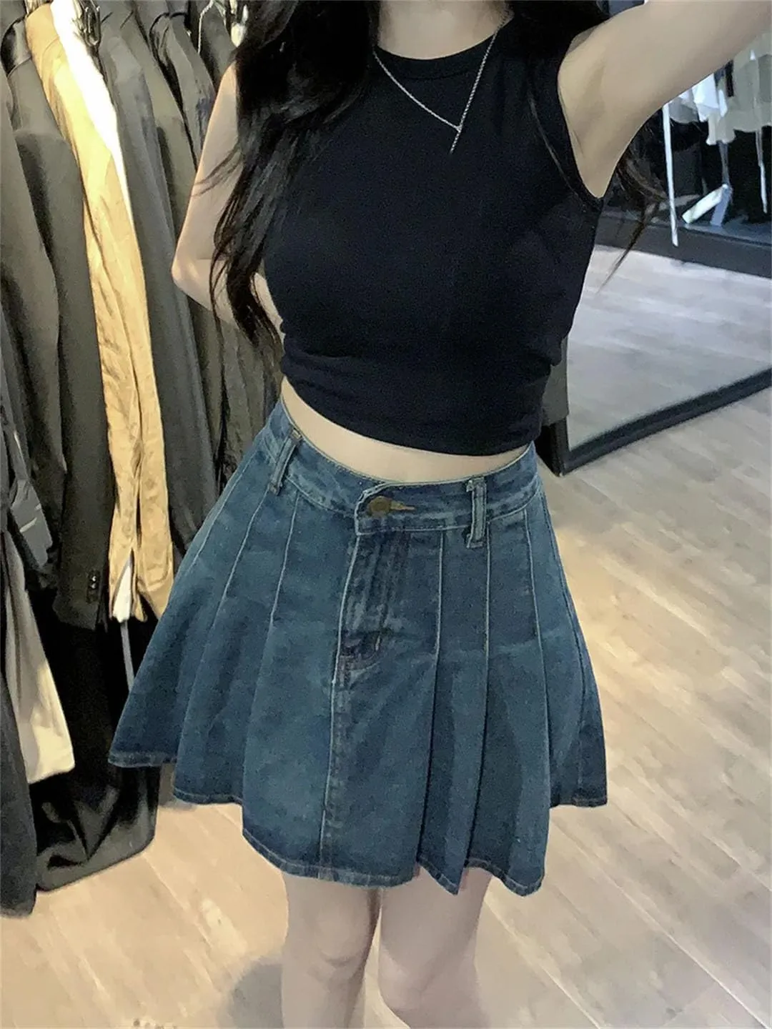 Women Pleated Skirt High Waist Solid Korean Clothing A-Line Denim Skirts