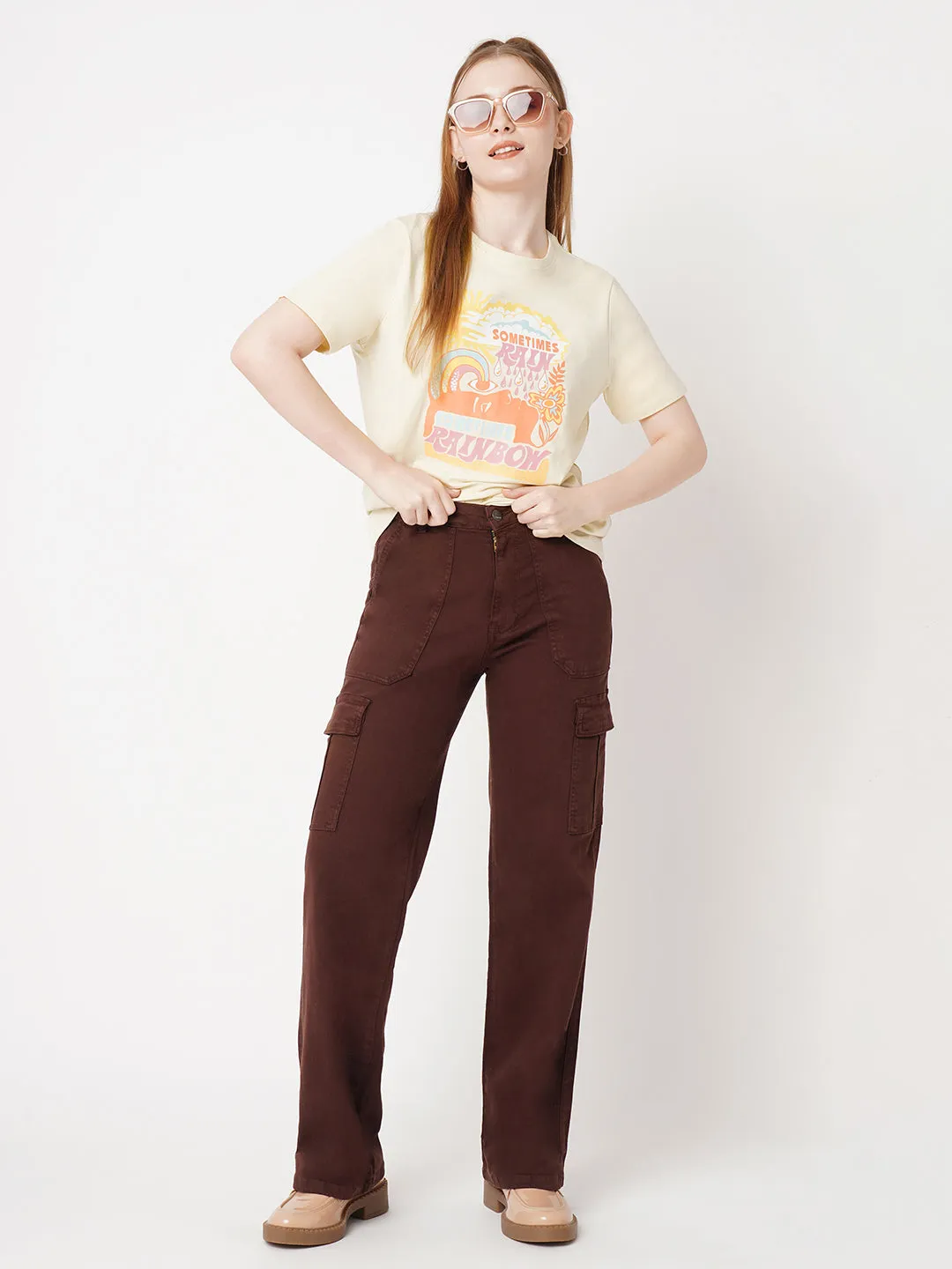Women Slim Fit Cloud Cream Boxy Chest Print T-Shirt