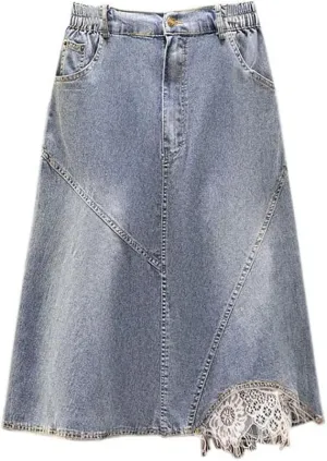 Women Slim Loose Mid Length Lace Denim Skirt Leisure High Waist A-Line Skirts