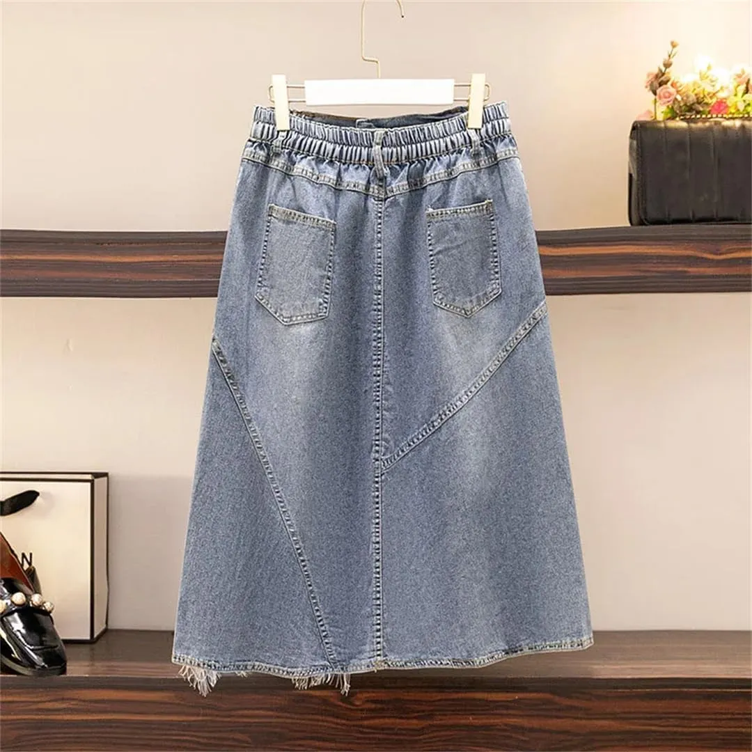 Women Slim Loose Mid Length Lace Denim Skirt Leisure High Waist A-Line Skirts