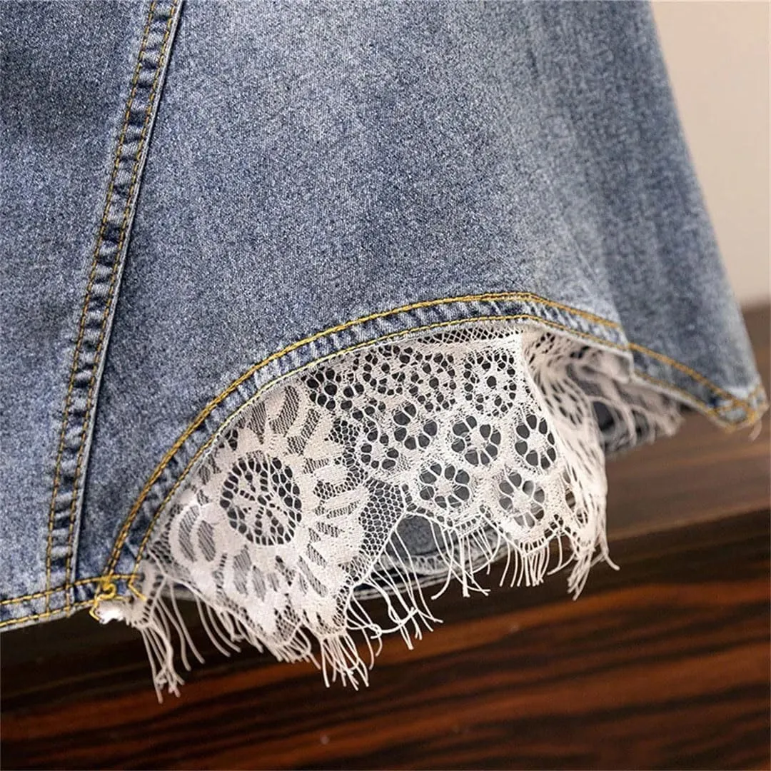 Women Slim Loose Mid Length Lace Denim Skirt Leisure High Waist A-Line Skirts
