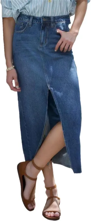 Women Solid Slim Fit Long Slit High Waist A Line Denim Skirts