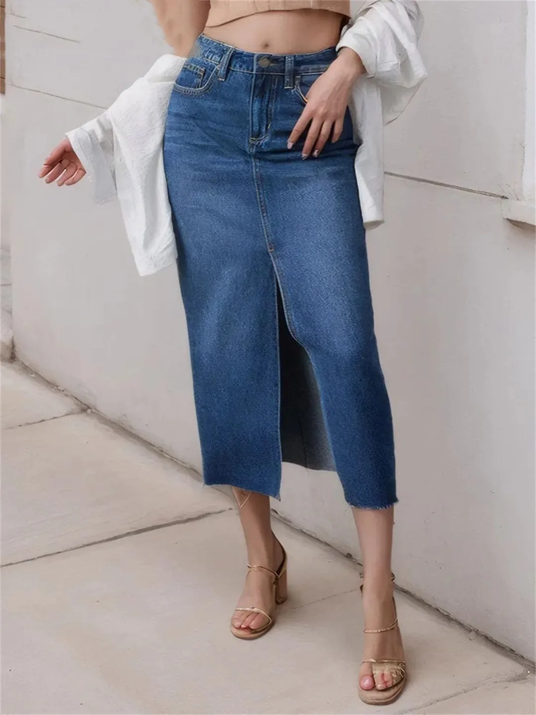 Women Solid Slim Fit Long Slit High Waist A Line Denim Skirts
