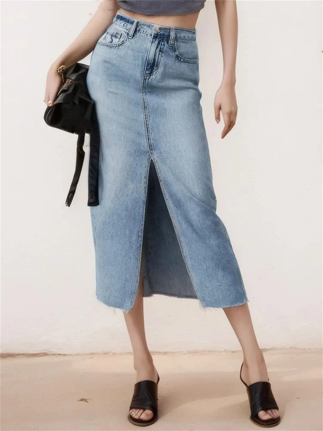 Women Solid Slim Fit Long Slit High Waist A Line Denim Skirts
