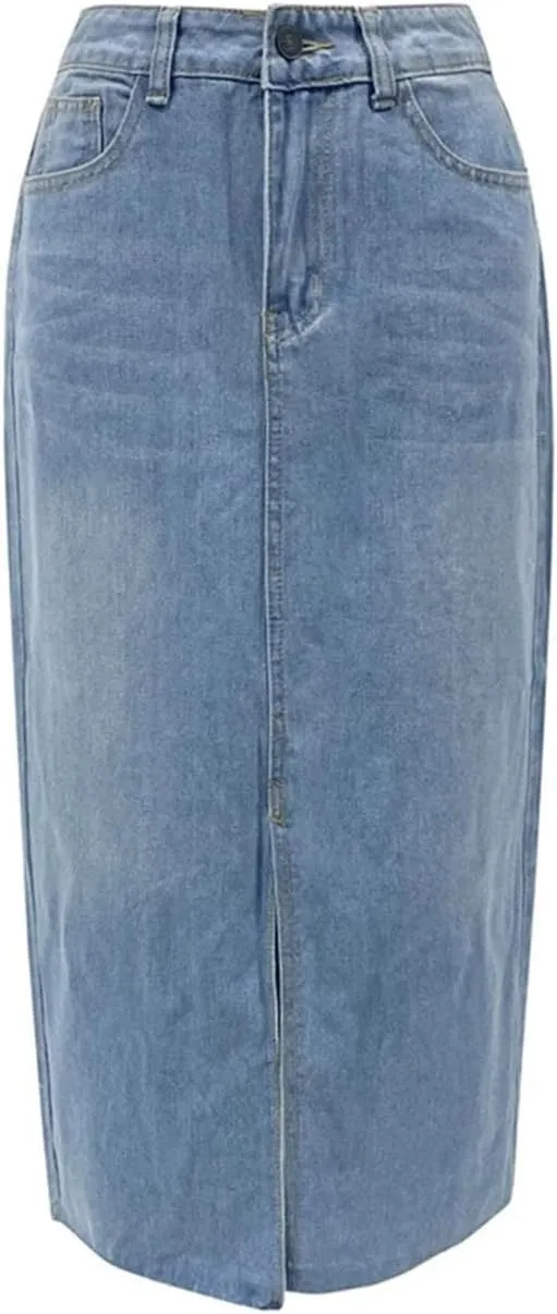 Women Solid Slim Fit Long Slit High Waist A Line Denim Skirts