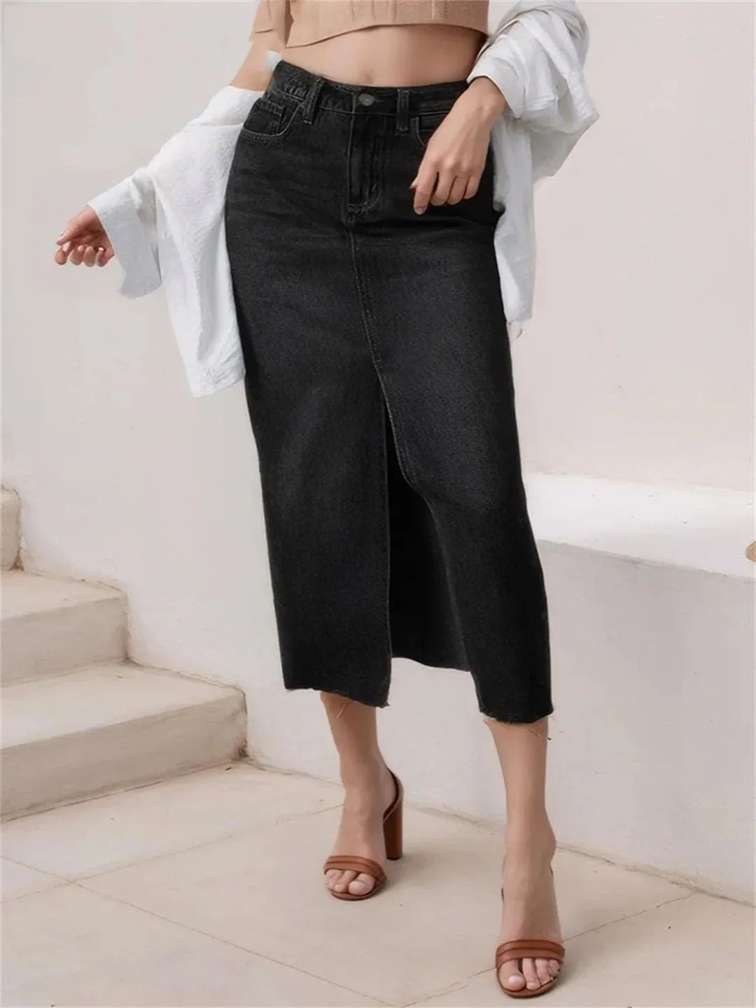 Women Solid Slim Fit Long Slit High Waist A Line Denim Skirts