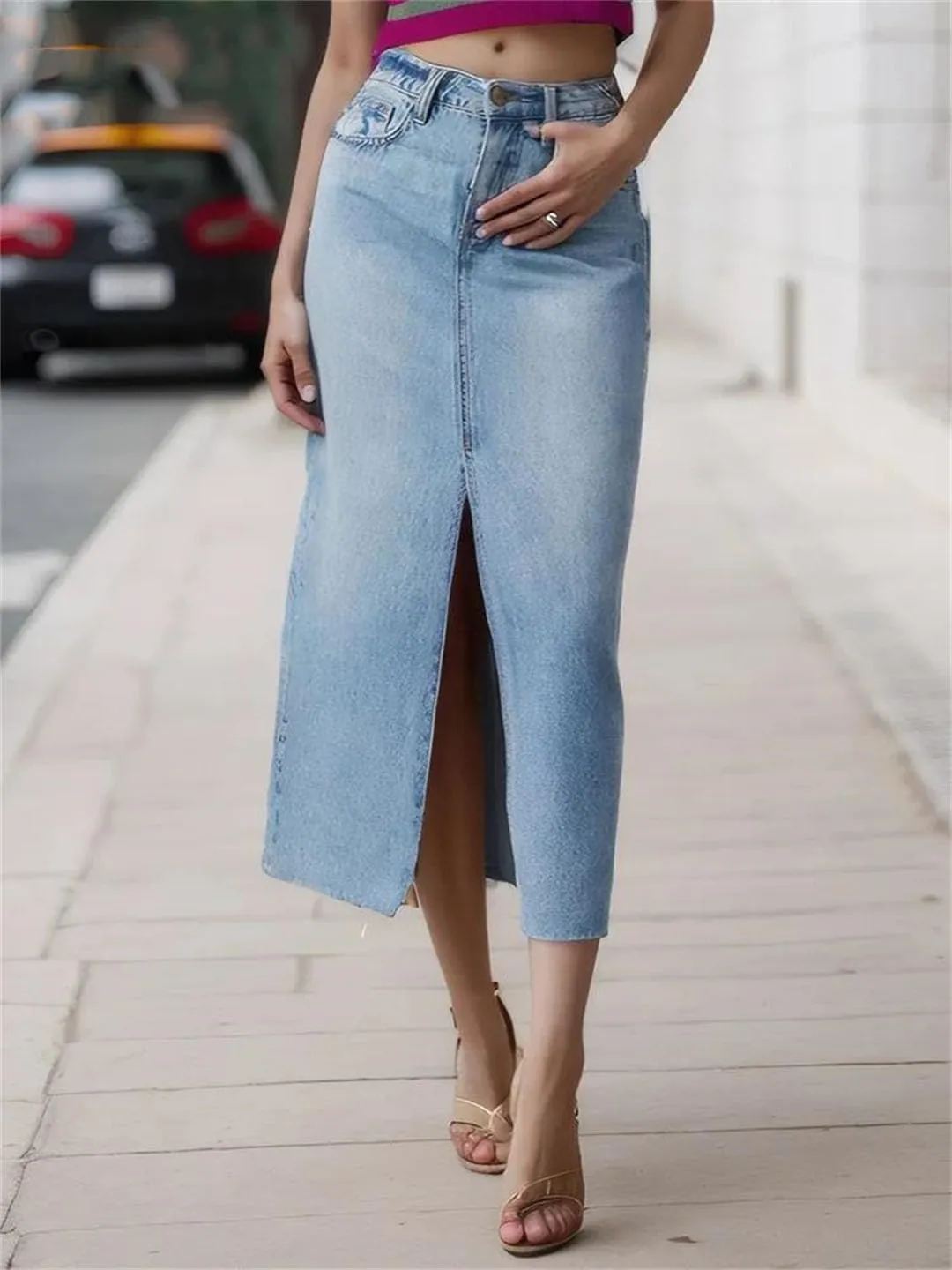 Women Solid Slim Fit Long Slit High Waist A Line Denim Skirts