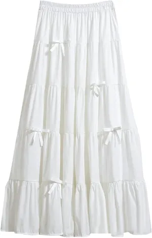 Women Solid Tiered Elastic Waist Bow Loose Casual A-Line Skirts