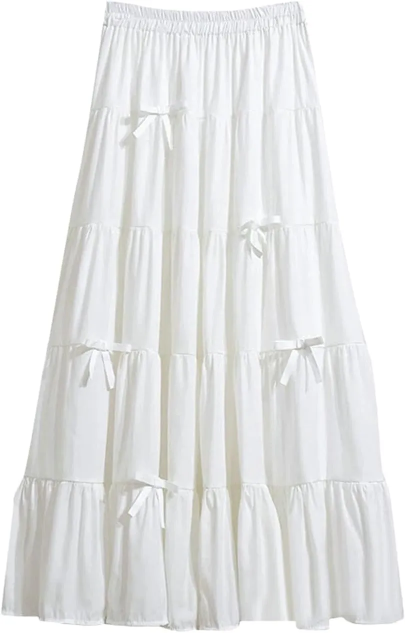 Women Solid Tiered Elastic Waist Bow Loose Casual A-Line Skirts