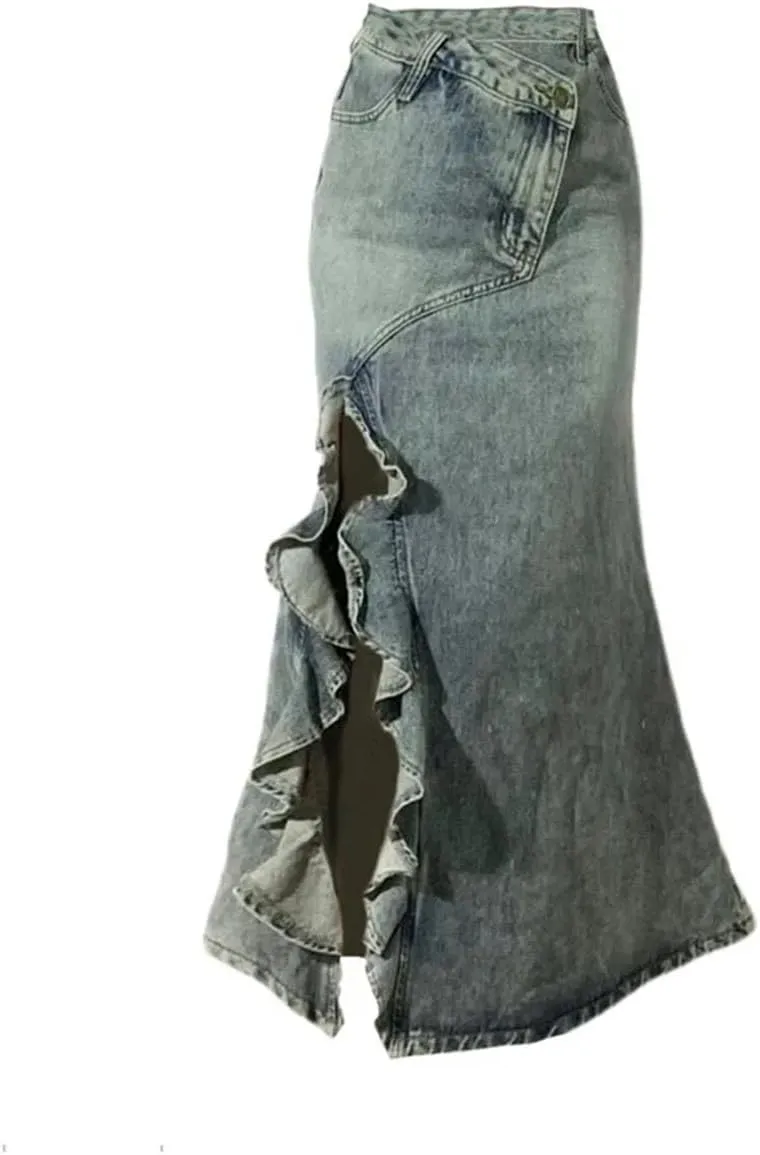 Women Split Hem Fishtail Skirt Casual Vintage A-Line Denim Skirts