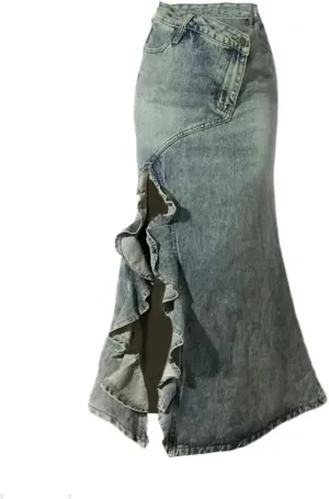 Women Split Hem Fishtail Skirt Casual Vintage A-Line Denim Skirts