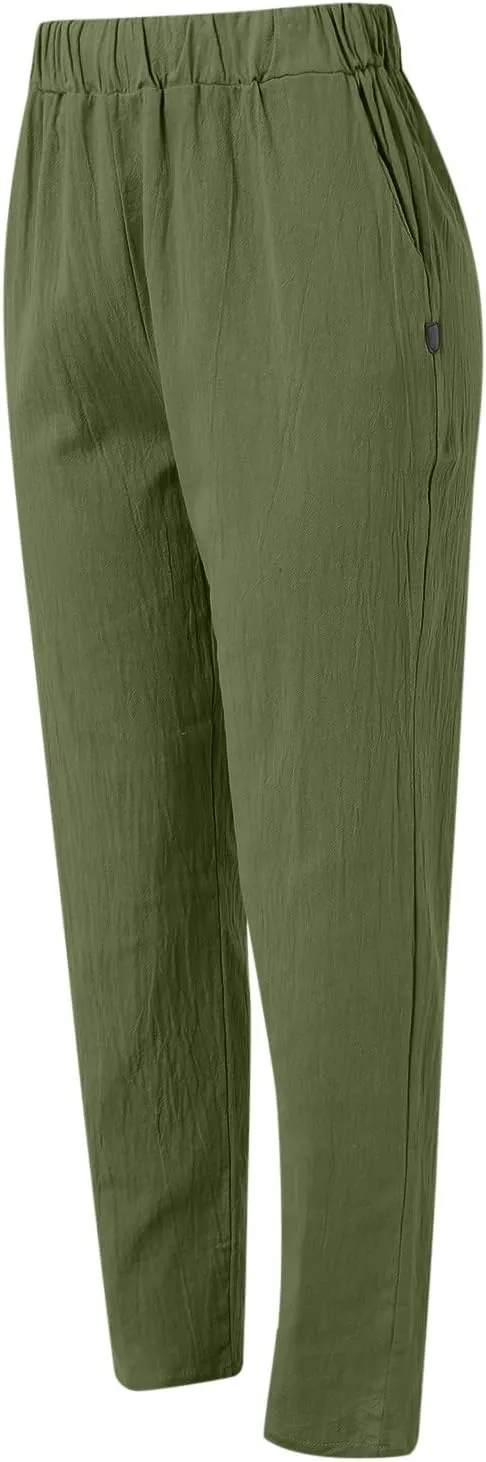 Women Straight Linen Wide Leg Loose Fit Pants Fashion Outdoor Summer Casual Lightweight Carpi Relax Pants with Pockets