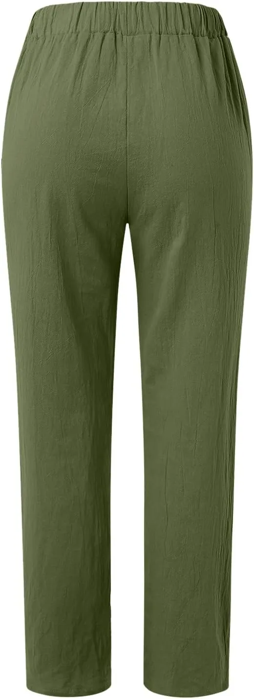 Women Straight Linen Wide Leg Loose Fit Pants Fashion Outdoor Summer Casual Lightweight Carpi Relax Pants with Pockets