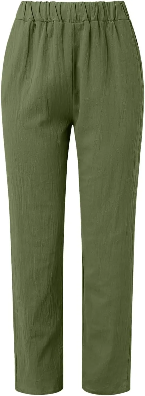 Women Straight Linen Wide Leg Loose Fit Pants Fashion Outdoor Summer Casual Lightweight Carpi Relax Pants with Pockets