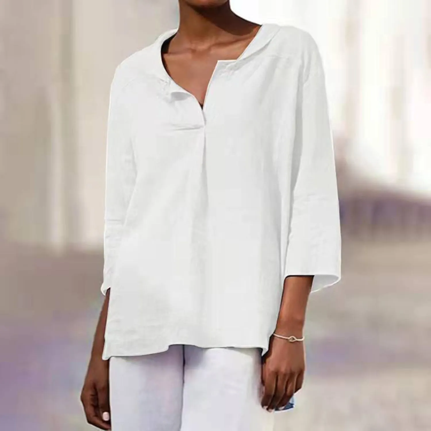 Women Summer 3/4 Sleeve Cotton Linen Blouse Top Button Collared Henley Shirt Basic Plain T-Shirts Loose Fit Tunic Tops