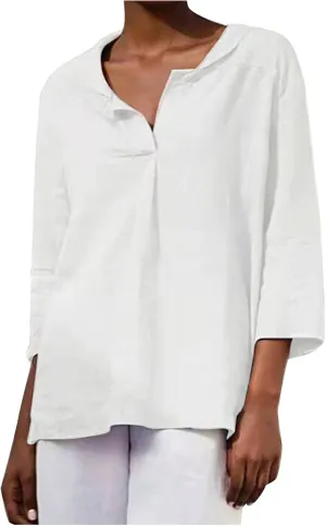 Women Summer 3/4 Sleeve Cotton Linen Blouse Top Button Collared Henley Shirt Basic Plain T-Shirts Loose Fit Tunic Tops