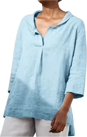 Women Summer 3/4 Sleeve Cotton Linen Blouse Top Button Collared Henley Shirt Basic Plain T-Shirts Loose Fit Tunic Tops