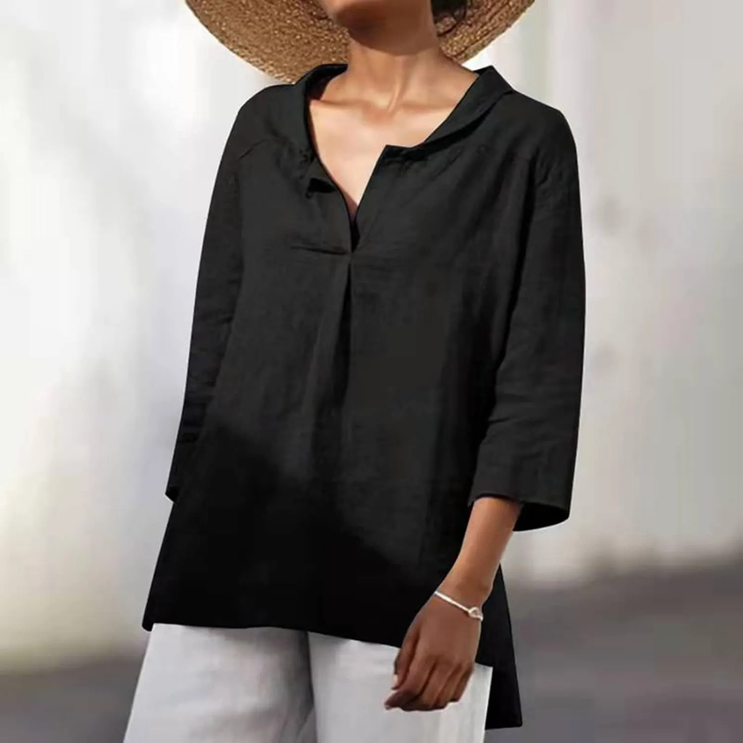 Women Summer 3/4 Sleeve Cotton Linen Blouse Top Button Collared Henley Shirt Basic Plain T-Shirts Loose Fit Tunic Tops