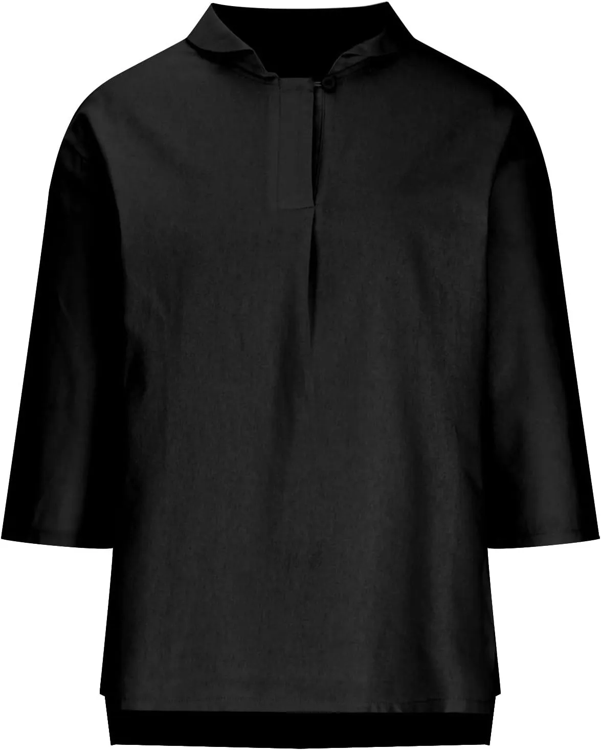 Women Summer 3/4 Sleeve Cotton Linen Blouse Top Button Collared Henley Shirt Basic Plain T-Shirts Loose Fit Tunic Tops