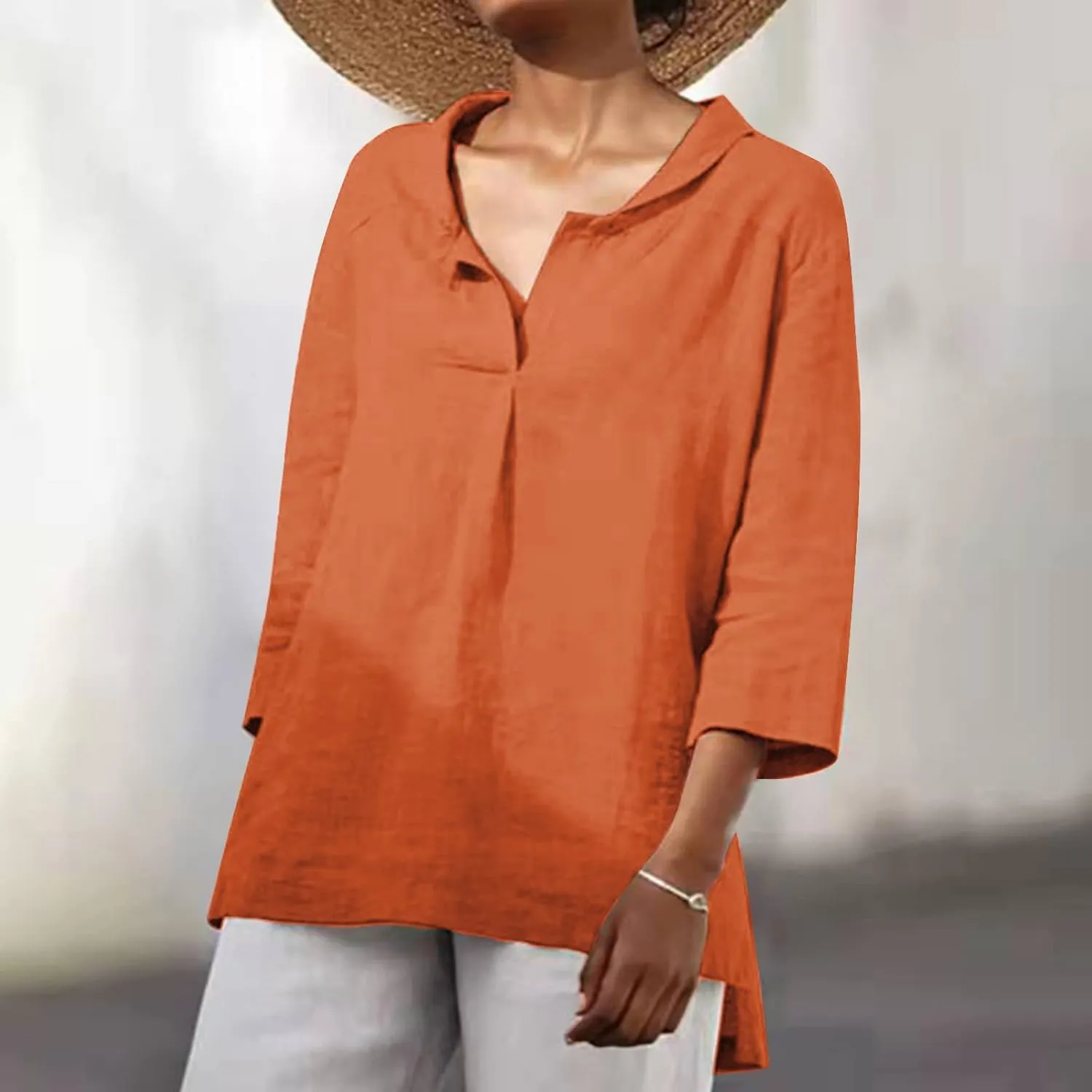 Women Summer 3/4 Sleeve Cotton Linen Blouse Top Button Collared Henley Shirt Basic Plain T-Shirts Loose Fit Tunic Tops