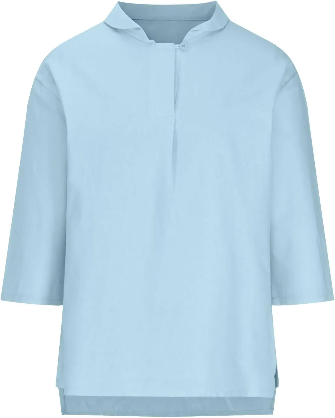 Women Summer 3/4 Sleeve Cotton Linen Blouse Top Button Collared Henley Shirt Basic Plain T-Shirts Loose Fit Tunic Tops
