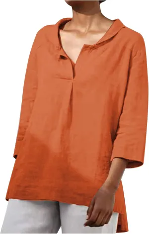 Women Summer 3/4 Sleeve Cotton Linen Blouse Top Button Collared Henley Shirt Basic Plain T-Shirts Loose Fit Tunic Tops