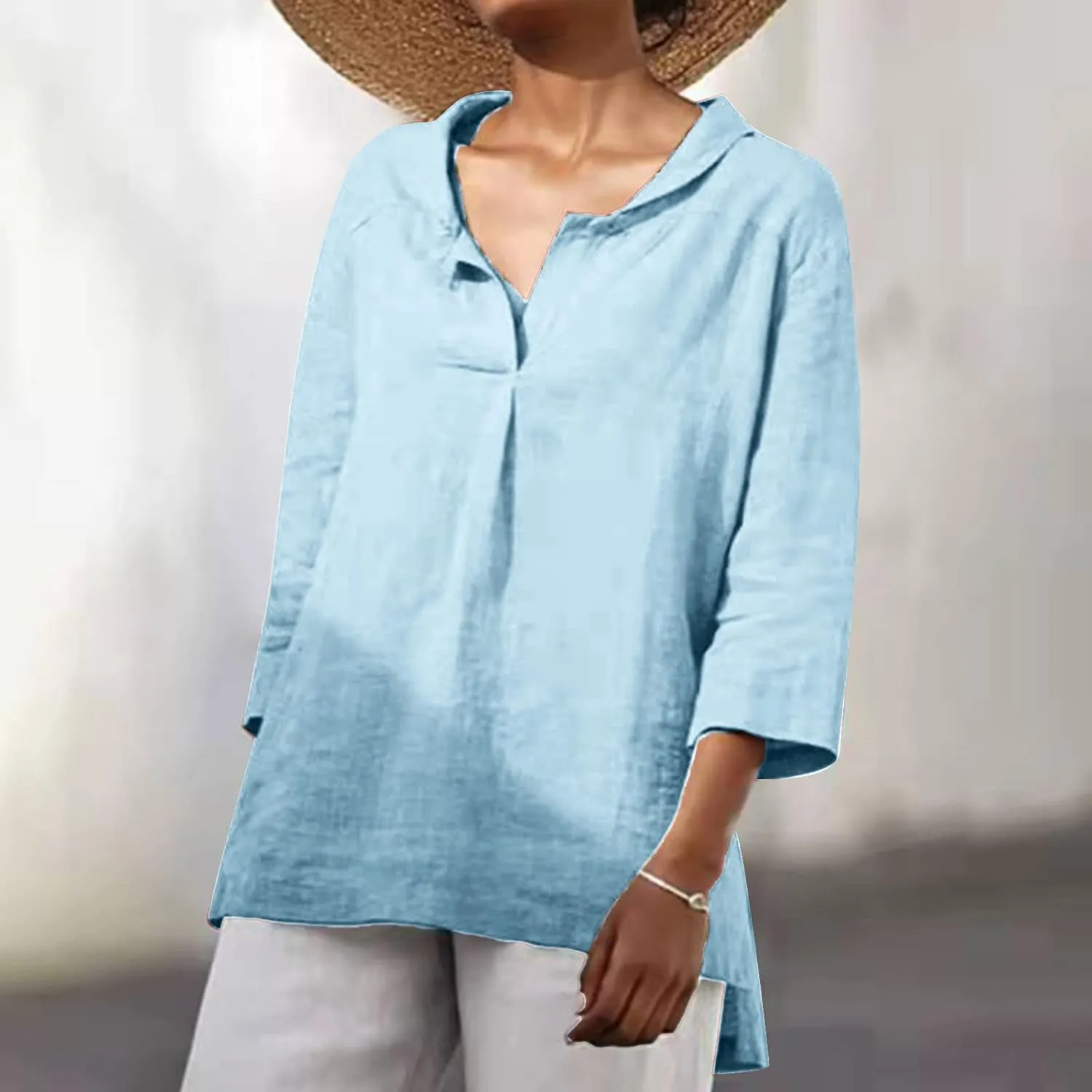 Women Summer 3/4 Sleeve Cotton Linen Blouse Top Button Collared Henley Shirt Basic Plain T-Shirts Loose Fit Tunic Tops