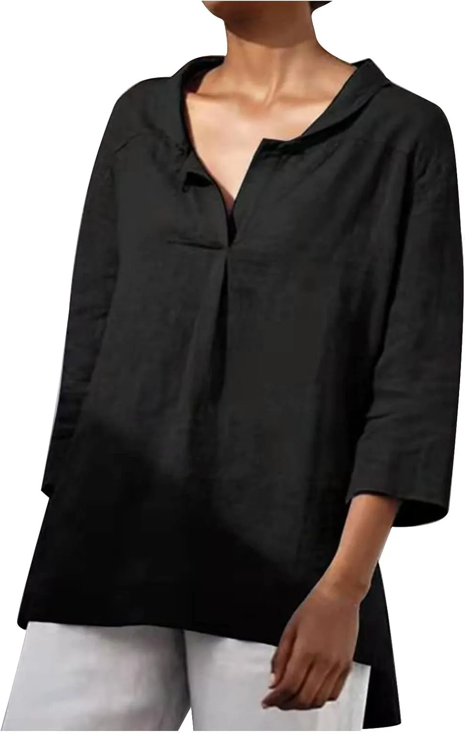 Women Summer 3/4 Sleeve Cotton Linen Blouse Top Button Collared Henley Shirt Basic Plain T-Shirts Loose Fit Tunic Tops