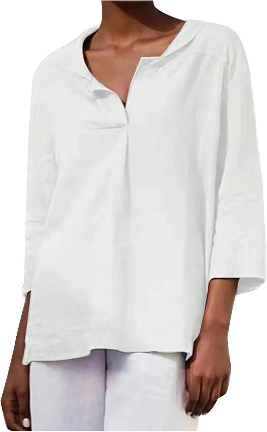 Women Summer 3/4 Sleeve Cotton Linen Blouse Top Button Collared Henley Shirt Basic Plain T-Shirts Loose Fit Tunic Tops