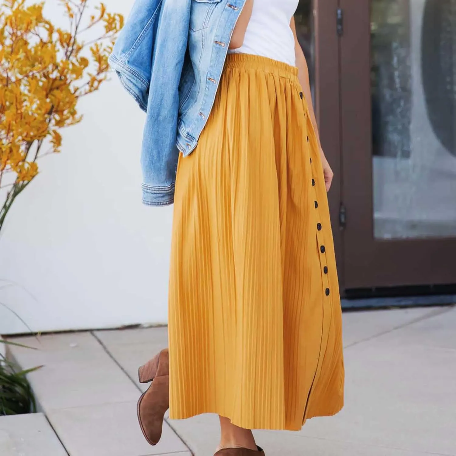 Women Summer Casual Midi Skirts Elastic High Waisted Button Down Solid Color Pleated Comfy A Line Beach Skirt