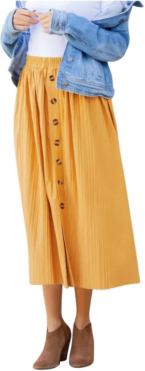 Women Summer Casual Midi Skirts Elastic High Waisted Button Down Solid Color Pleated Comfy A Line Beach Skirt