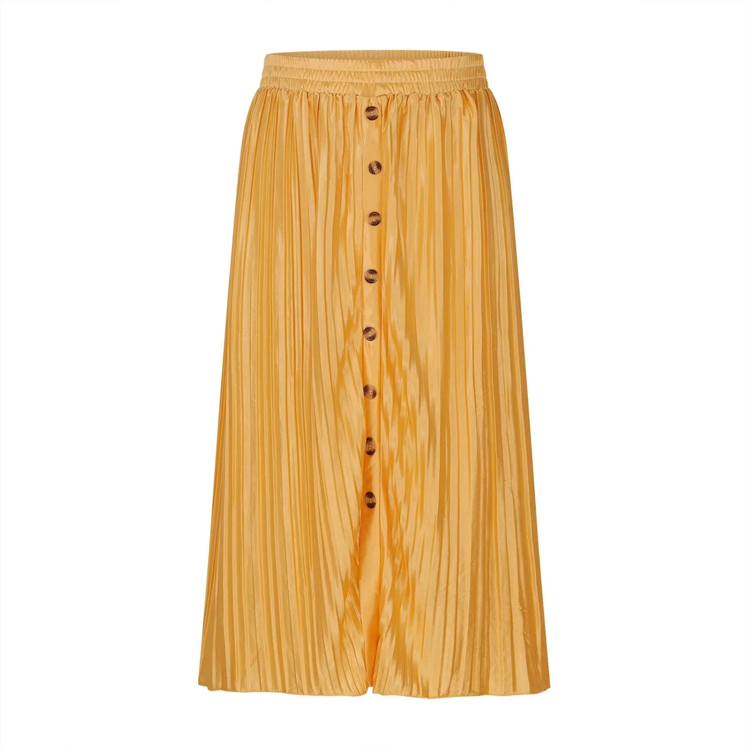 Women Summer Casual Midi Skirts Elastic High Waisted Button Down Solid Color Pleated Comfy A Line Beach Skirt