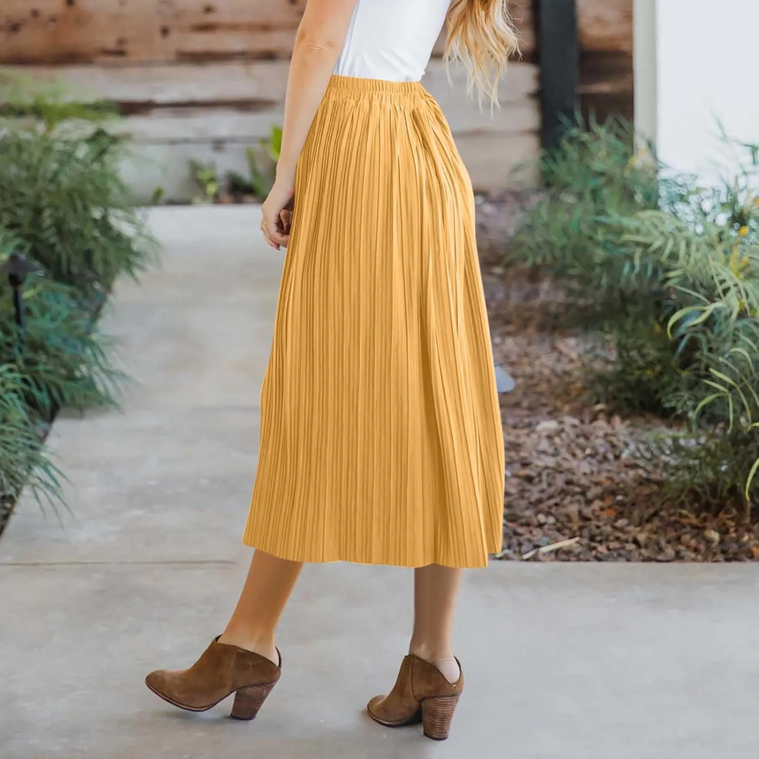 Women Summer Casual Midi Skirts Elastic High Waisted Button Down Solid Color Pleated Comfy A Line Beach Skirt