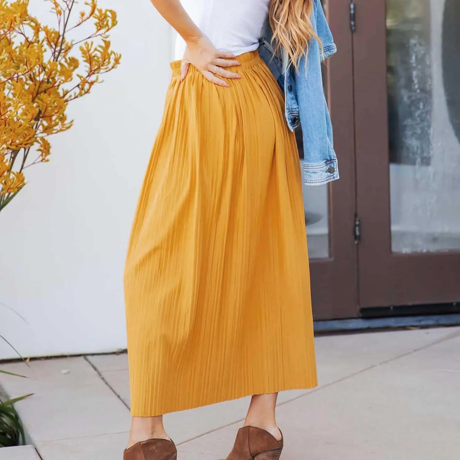 Women Summer Casual Midi Skirts Elastic High Waisted Button Down Solid Color Pleated Comfy A Line Beach Skirt