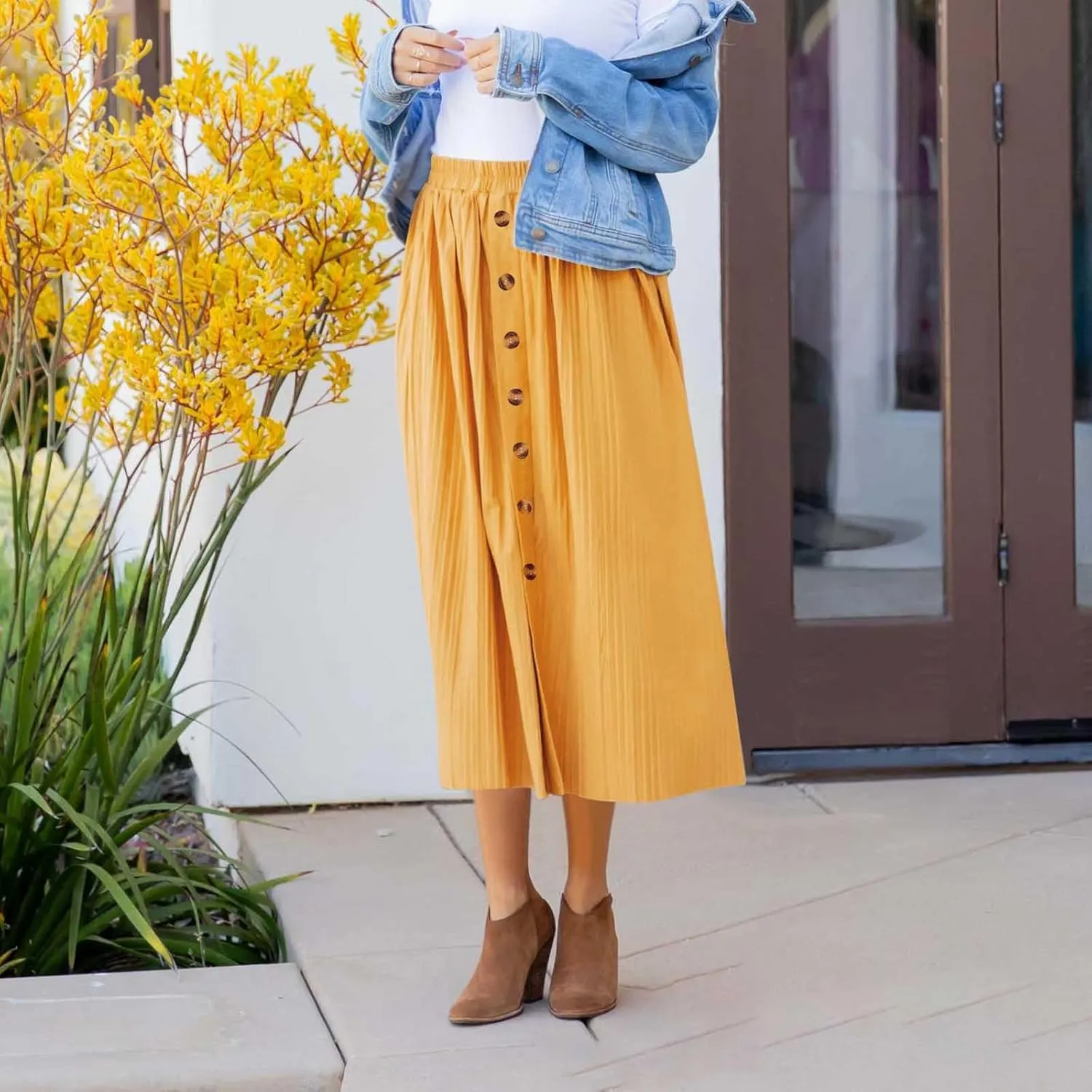 Women Summer Casual Midi Skirts Elastic High Waisted Button Down Solid Color Pleated Comfy A Line Beach Skirt