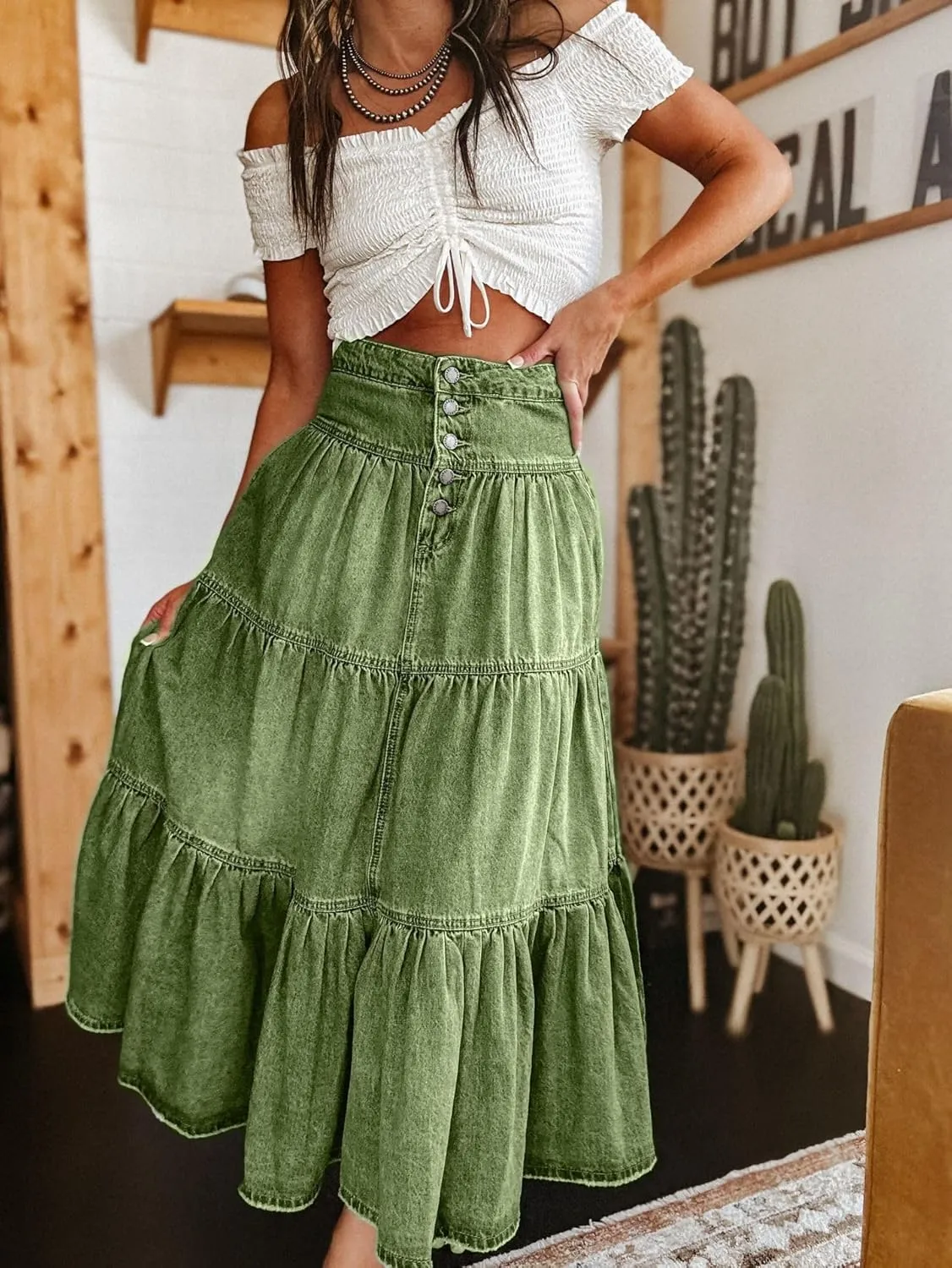 Women Summer Denim Skirt Casual Solid Color Ruffled Hem High Waist A-Line Jeans Skirt for Club Streetwear
