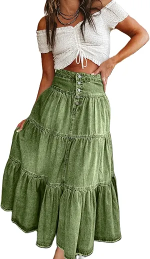 Women Summer Denim Skirt Casual Solid Color Ruffled Hem High Waist A-Line Jeans Skirt for Club Streetwear