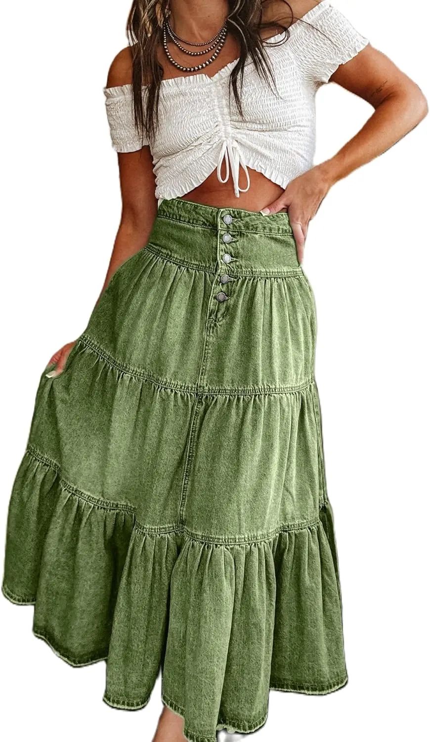Women Summer Denim Skirt Casual Solid Color Ruffled Hem High Waist A-Line Jeans Skirt for Club Streetwear