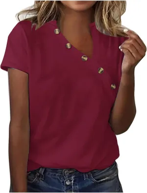 Women Trendy Tops Asymmetric V Neck Button Blouse Short Sleeve Loose Fit Tees Soft Dressy Business Outfits